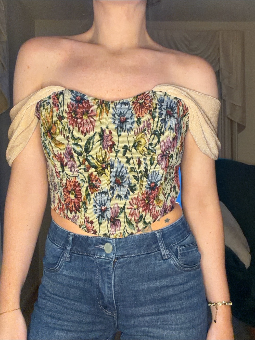 Floral Tapestry Off-Shoulder Corset Top - Multicolor